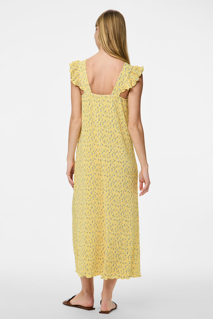 Flora Yellow Floral Plisse Midi Dress