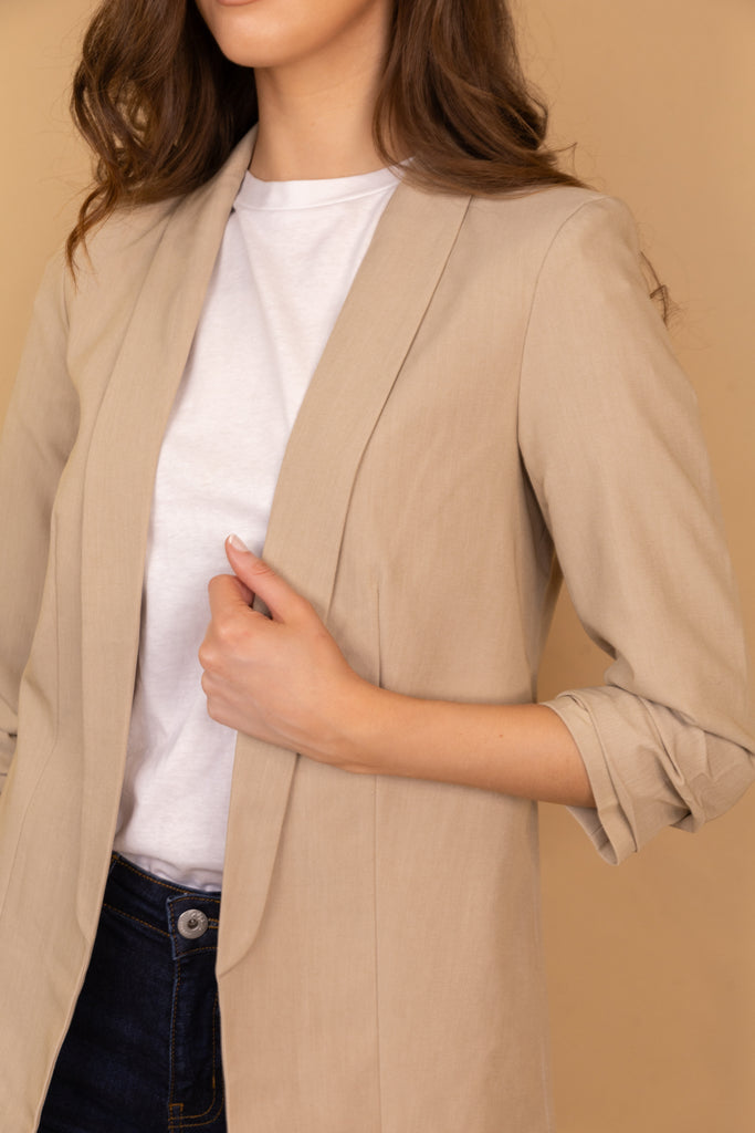 Beige Boss Ruched Sleeve Blazer