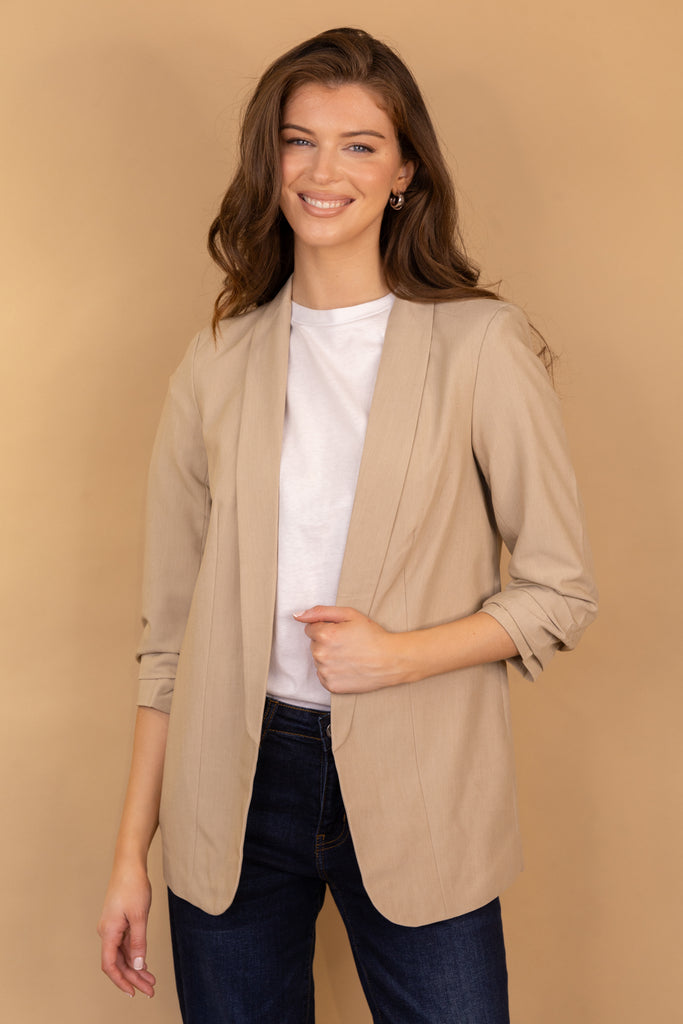 Beige Boss Ruched Sleeve Blazer