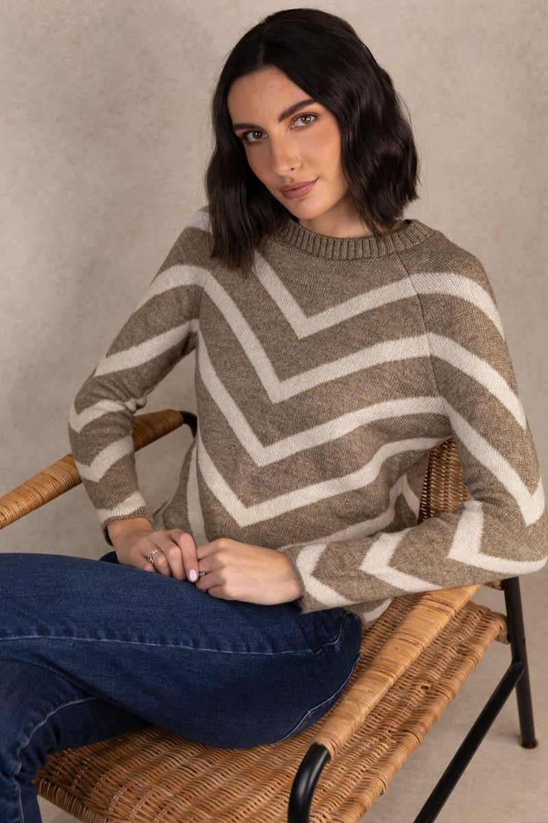 Eliza Beige & White Chevron Knit