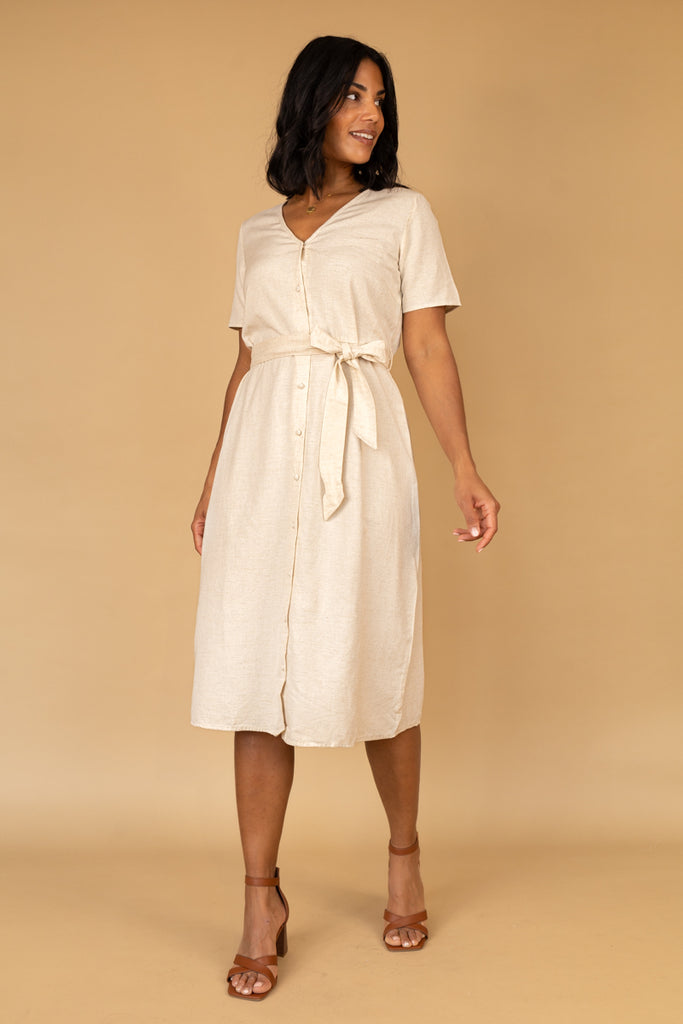 Prisilla Beige V-Neck Midi Dress