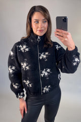 Valentina Black Floral Embroidered Zip Fleece