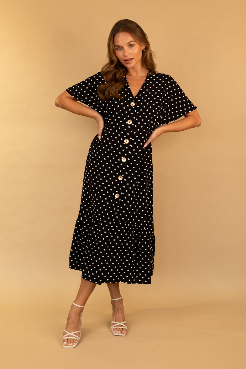 Nina Polka Dot Black & White Button Dress