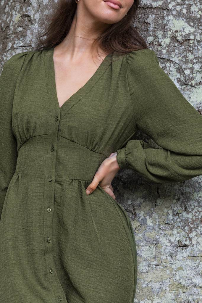 Meloney Green Button Midi Dress