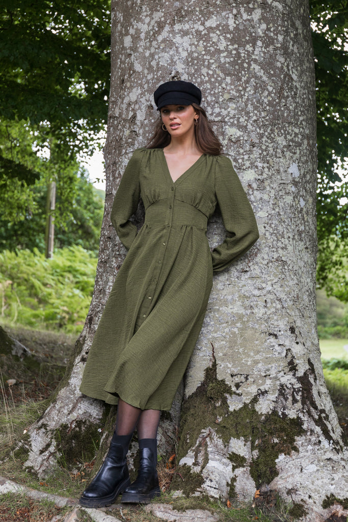 Meloney Green Button Midi Dress