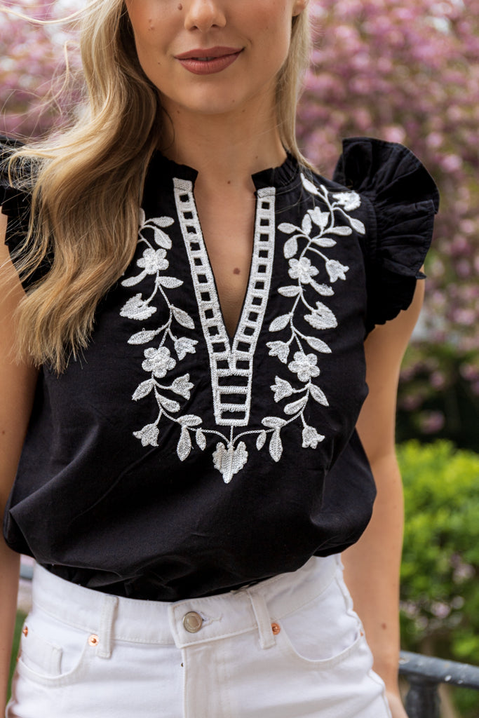 Black Vacation White Embroidered Top