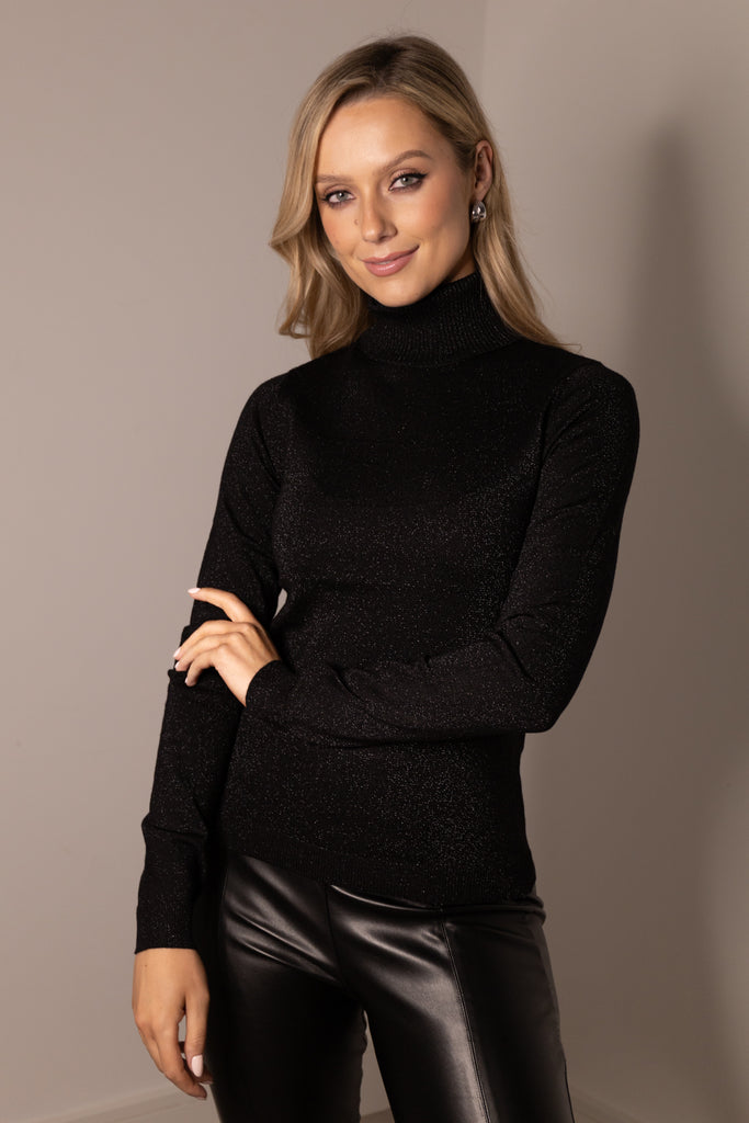 Happy Black Glitter Polo Neck Knit