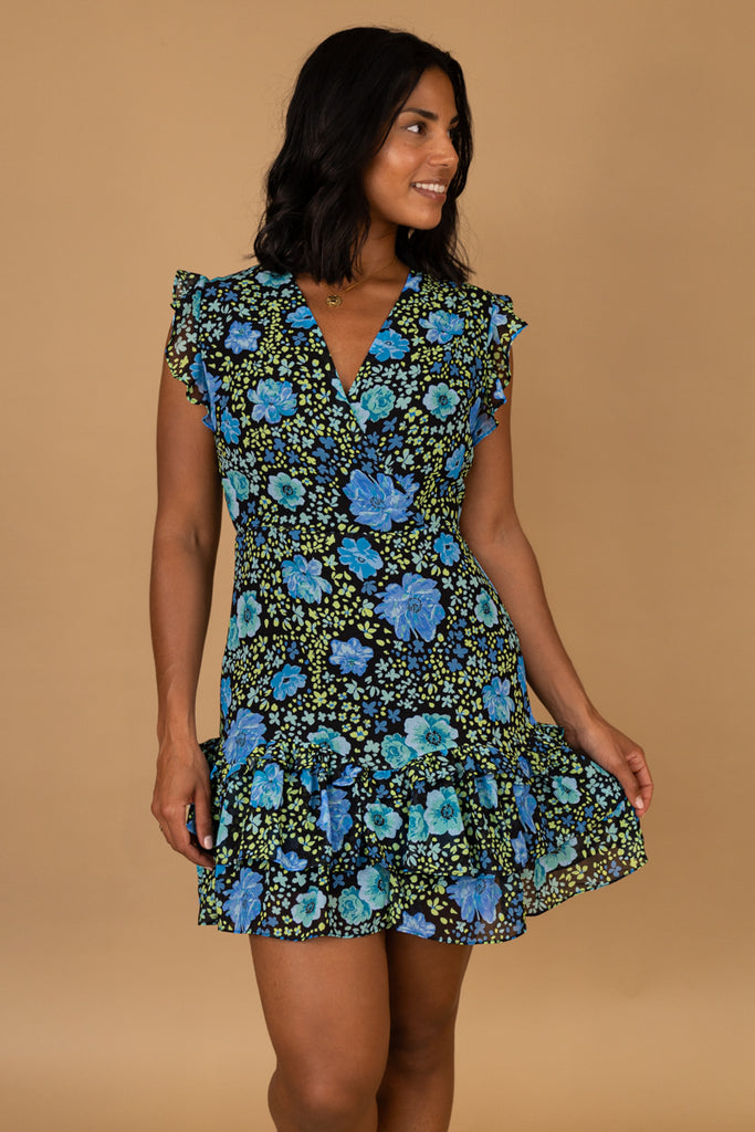 Emma Blue & Green Print Frill Dress