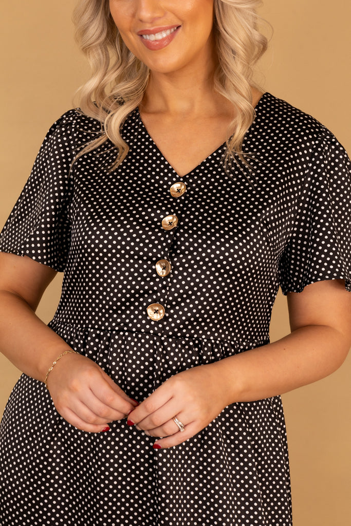 Marie Black & White Polka Dot Sateen Button Dress