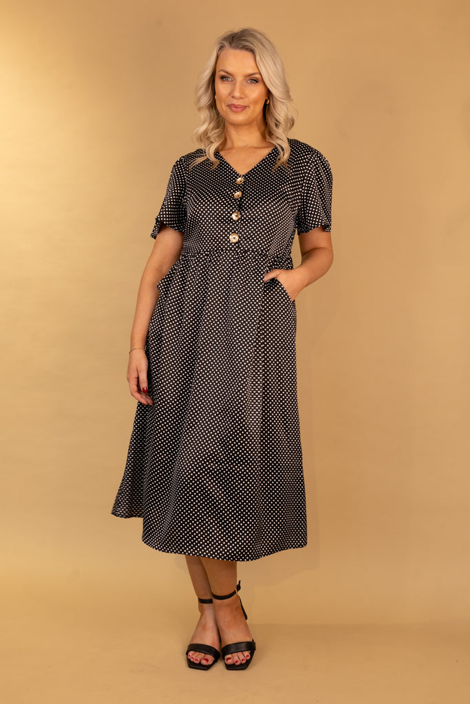 Marie Black & White Polka Dot Sateen Button Dress