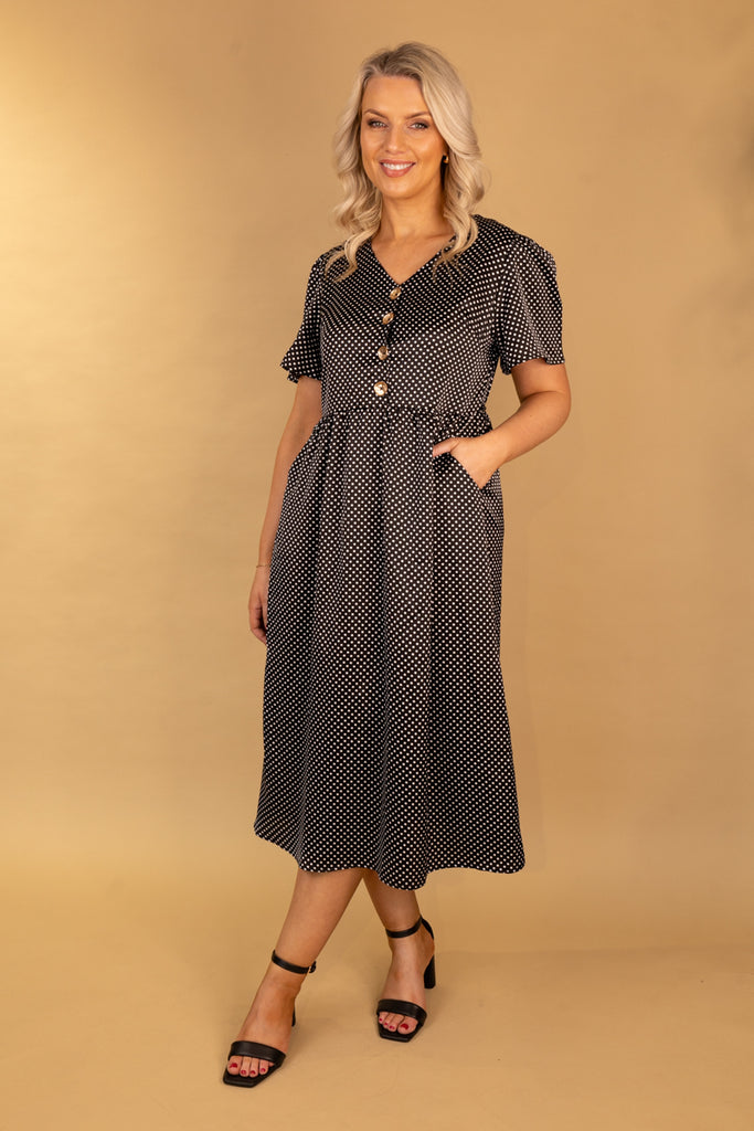 Marie Black & White Polka Dot Sateen Button Dress