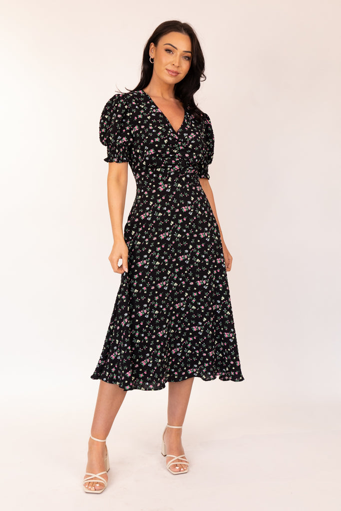 Clare Midi Black Floral Ruched Dress