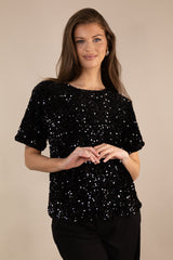 Faith Black O-Neck Sequin Top