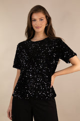 Faith Black O-Neck Sequin Top