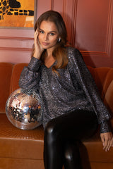 Kinley V-Neck Black Sequin Top