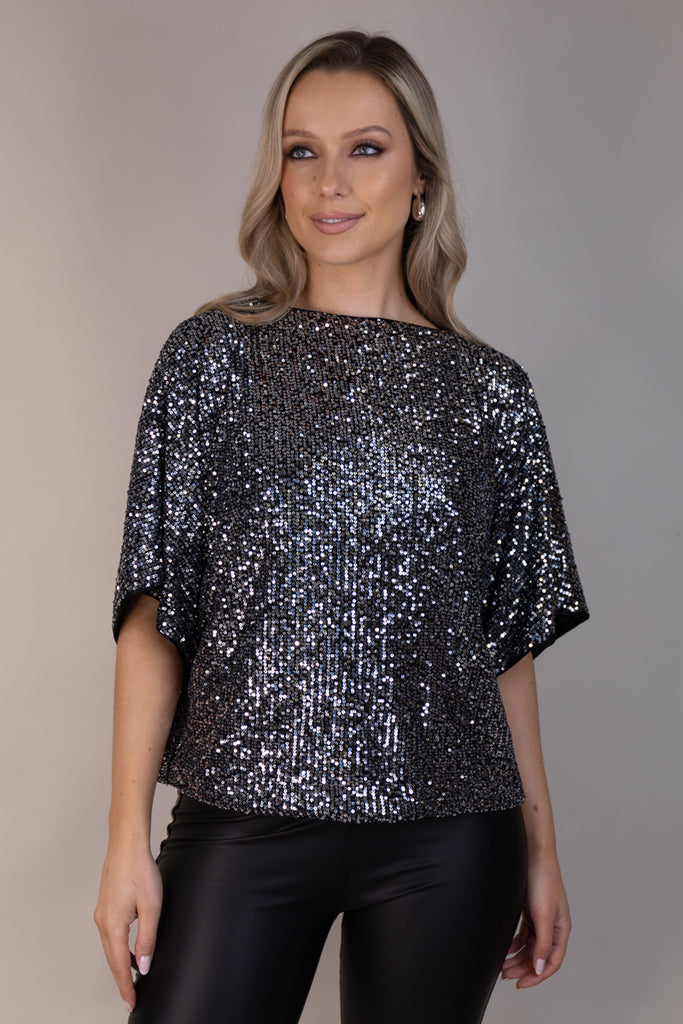 Avani Silver Sequin Cape Top