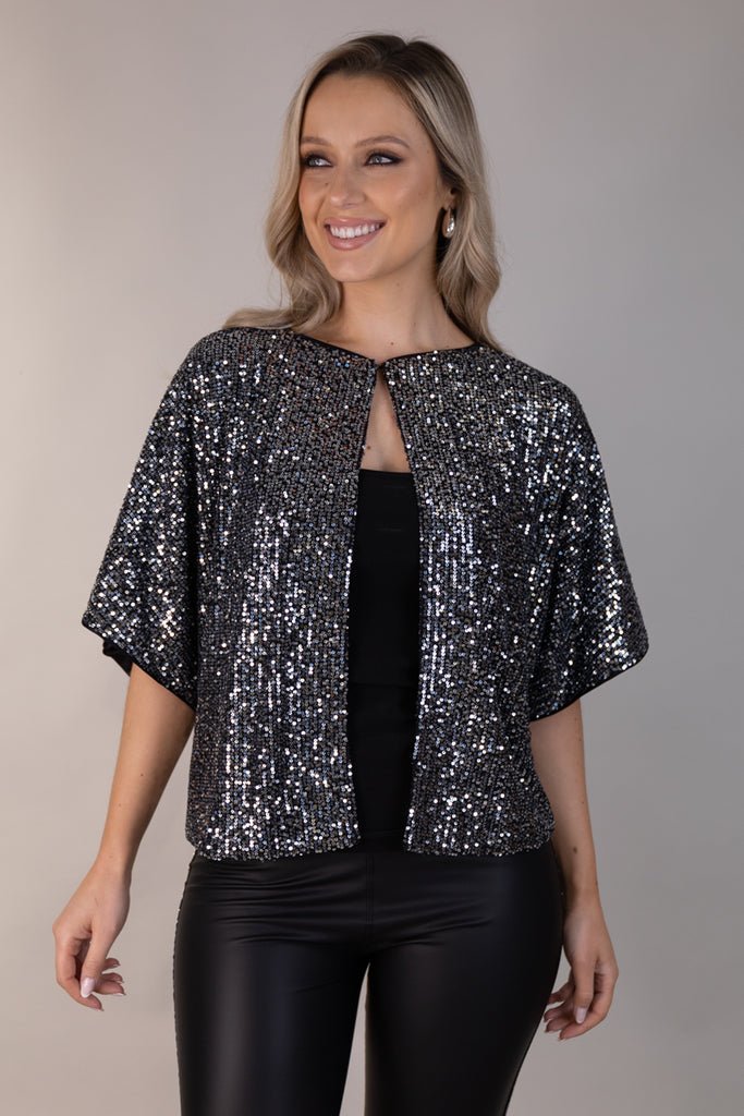 Avani Silver Sequin Cape Top