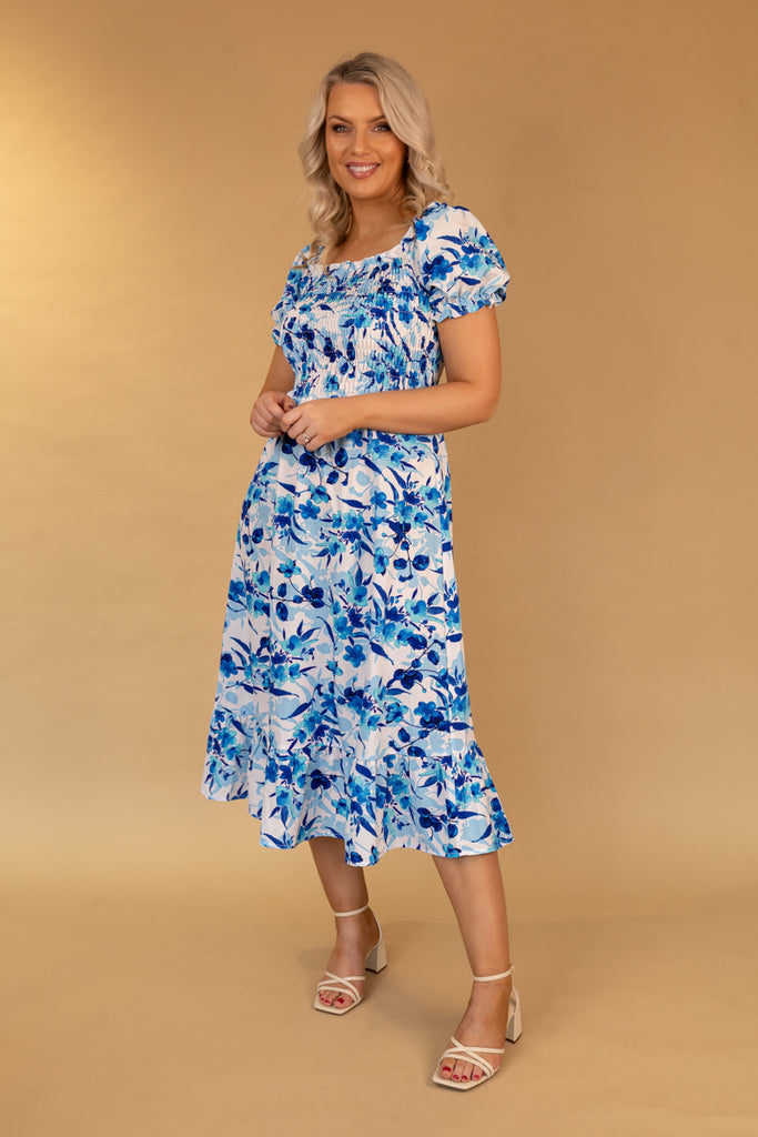 Missy Blue Floral Ruched Midi Dress
