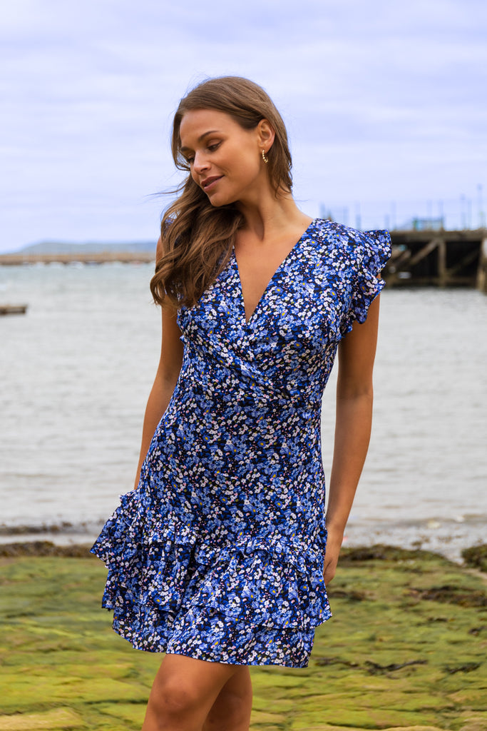 Emma Navy & Blue Print Frill Dress