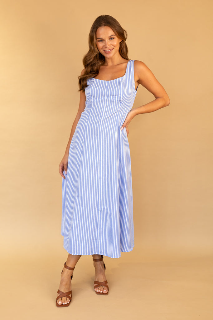 Reena Blue & White Stripe Midi Dress