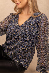 Falia Blue Metallic Dot V-Neck Top