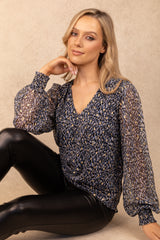 Falia Blue Metallic Dot V-Neck Top