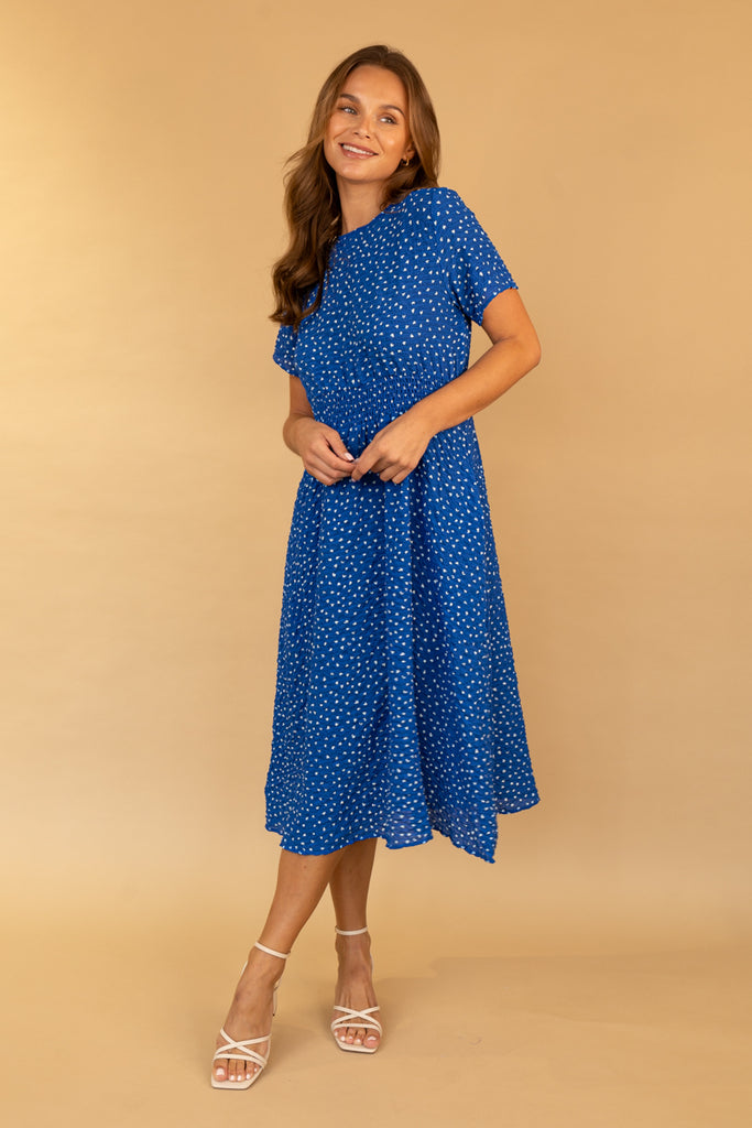 Clara Blue & White Ditzy Print Dress