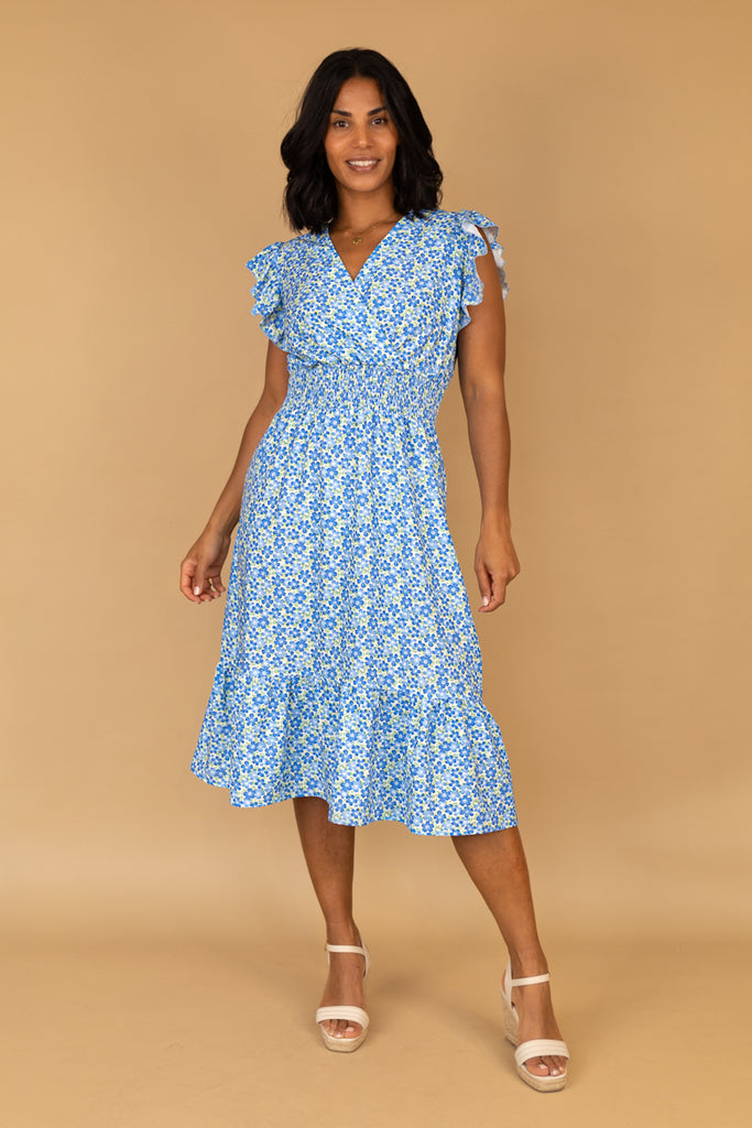 Macie Blue Floral Print Midi Dress