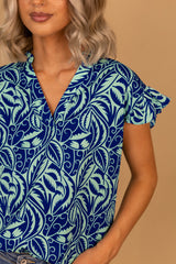 Blue Green Leaf Sandy Frill Sleeve Top