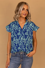 Blue Green Leaf Sandy Frill Sleeve Top