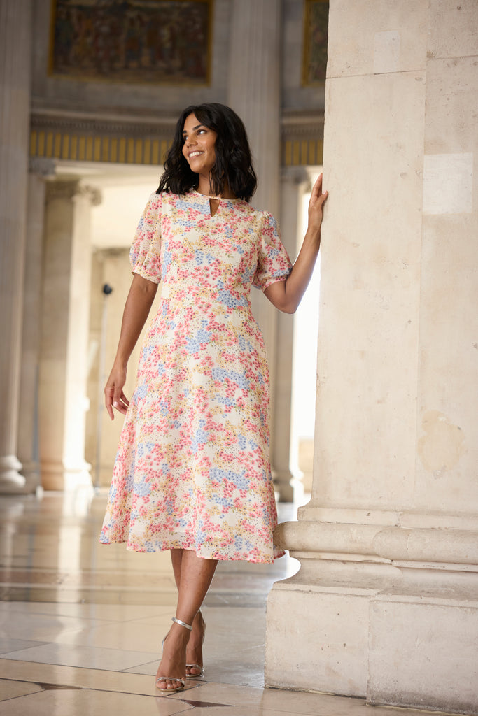 Simona White Multi Floral Print Midi Dress