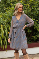 Cera Navy & Brown Print Dress