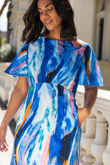 Blue & Pink Brush Stroke Niko Midi Dress