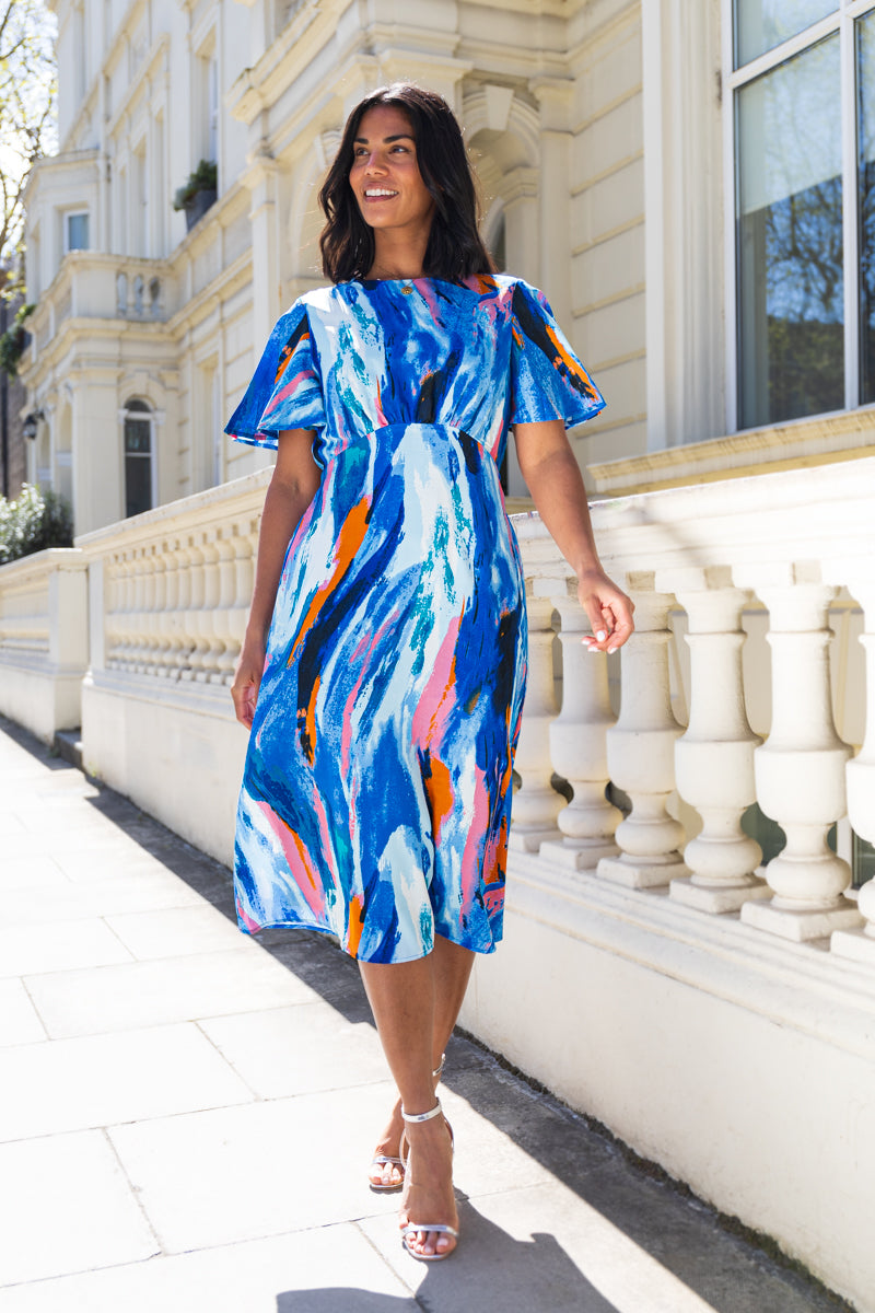 Blue & Pink Brush Stroke Niko Midi Dress