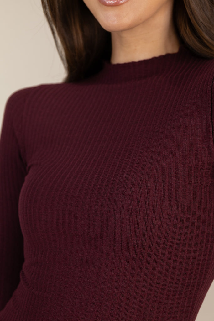 Emma High Neck Ribbed Burgundy Top