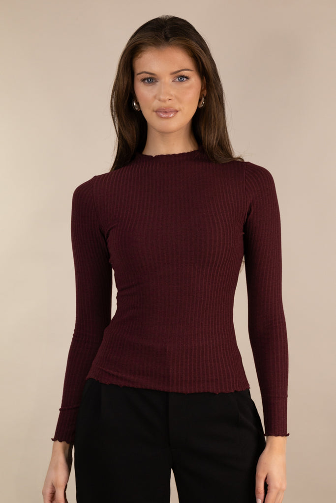 Emma High Neck Ribbed Burgundy Top