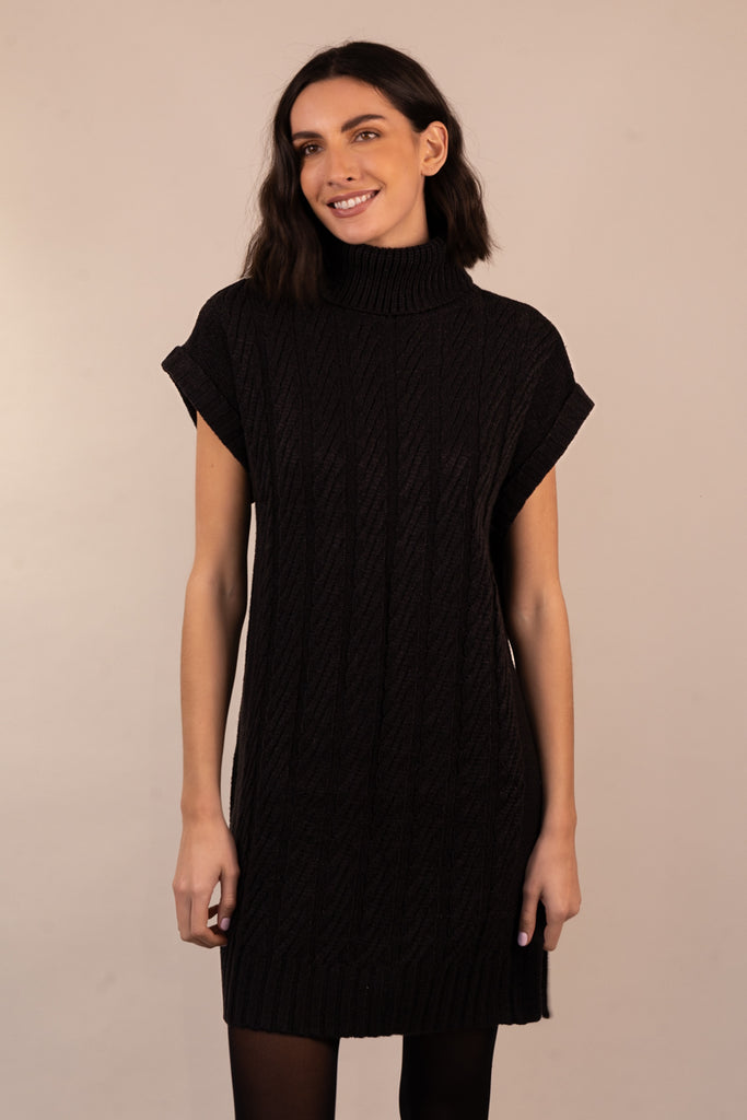 Fara Black Roll Neck Cable Knit Dress