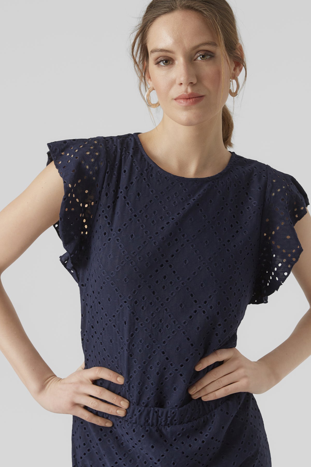 Tassa Navy O-Neck Frill Sleeve Top