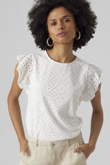 Tassa White O-Neck Frill Sleeve Top