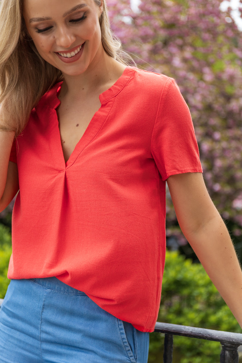 Milo Cayenne Red V-Neck Linen Blend Top