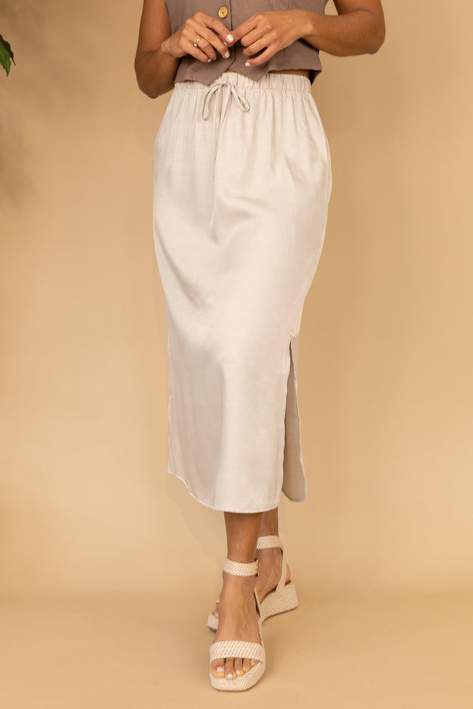 Ina Beige High Waisted Midi Skirt