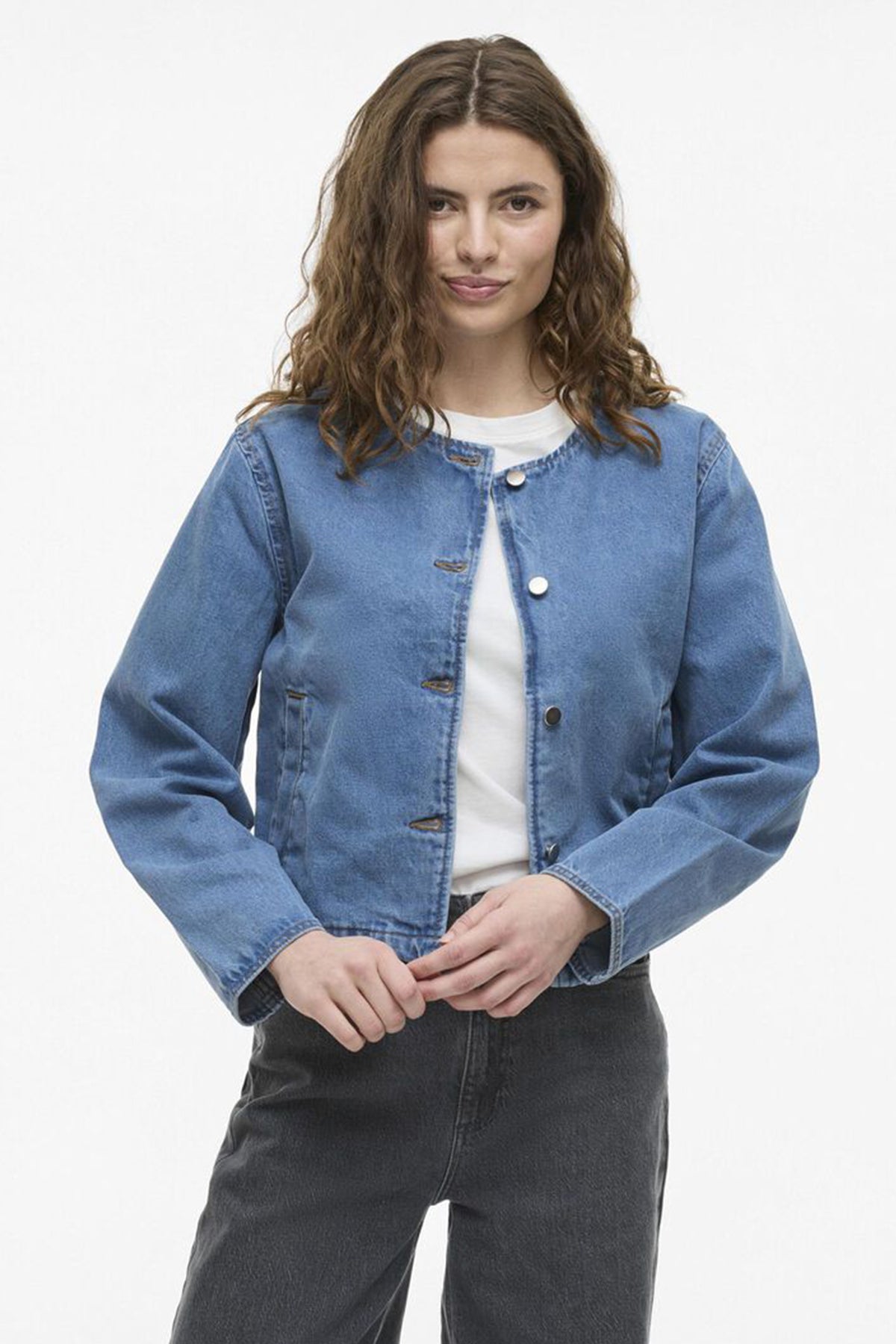 Reba Light Blue Collarless Denim Jacket