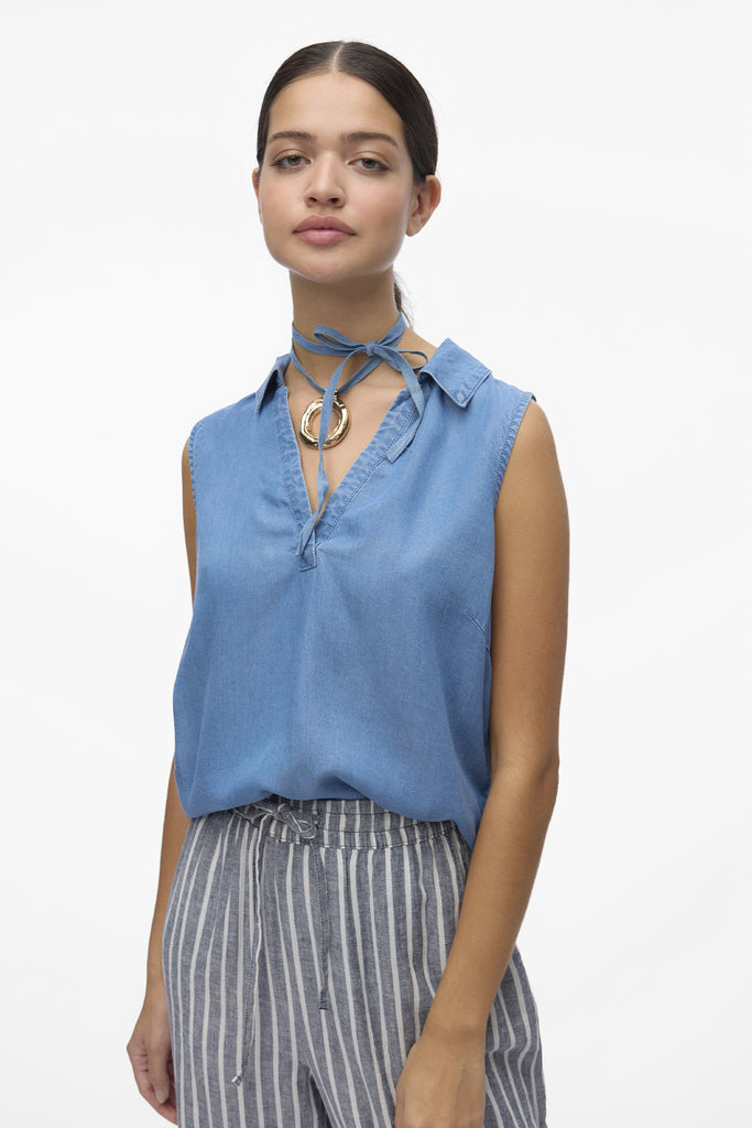 Harper Collared Sleeveless Medium Blue Denim Top