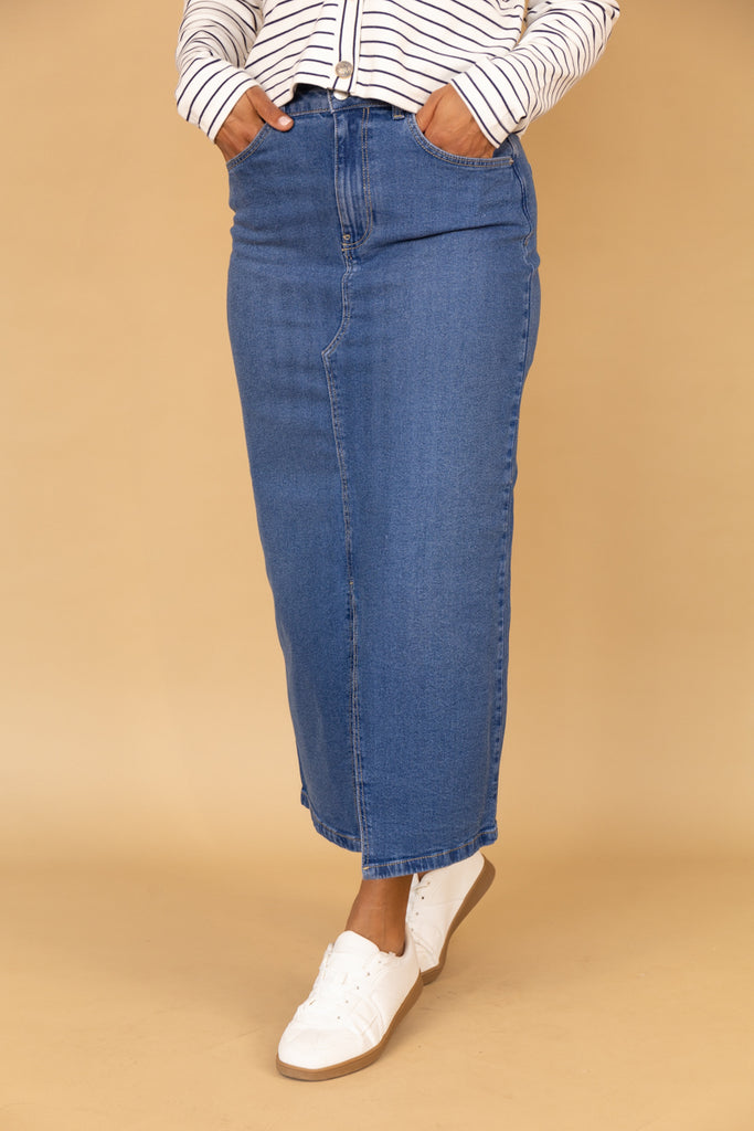 Kath Medium Blue Stretch Denim Midaxi Skirt