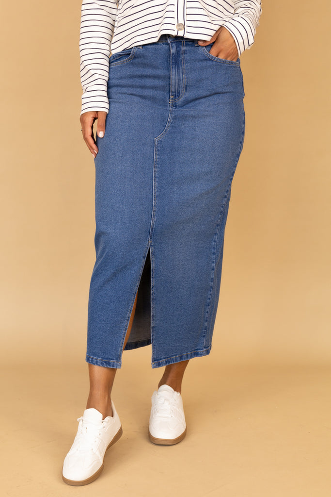 Kath Medium Blue Stretch Denim Midaxi Skirt