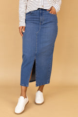 Kath Medium Blue Stretch Denim Midaxi Skirt