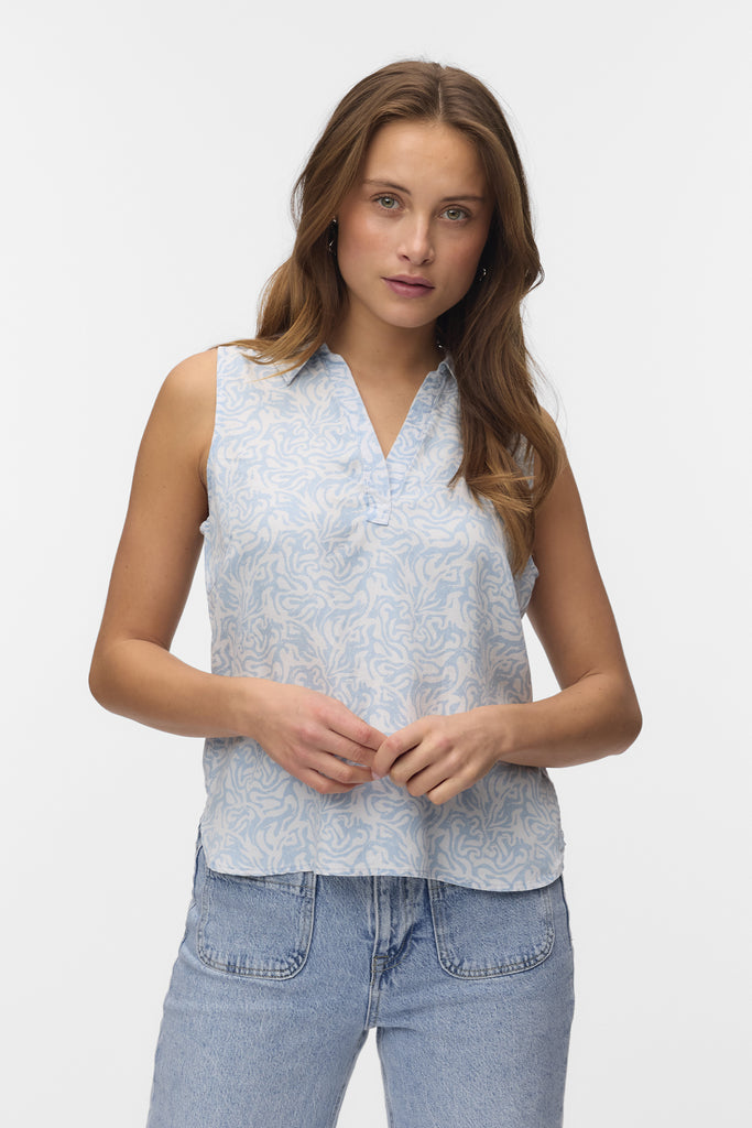 Harper Collared Sleeveless Light Blue Print Denim Top