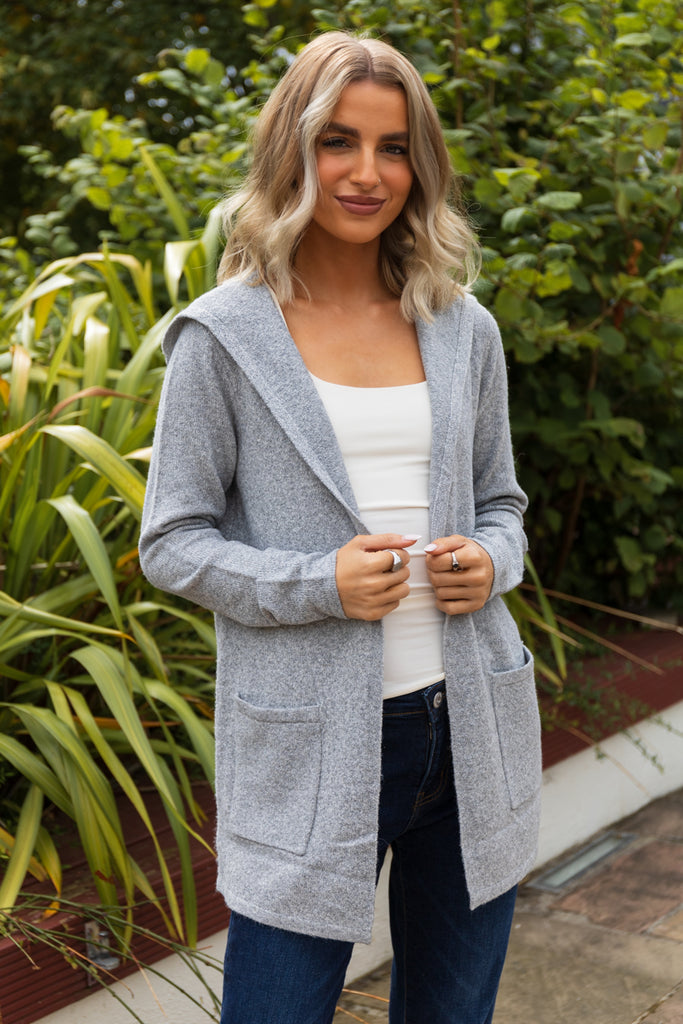 Doffy Grey Melange Hooded Open Knit Cardigan