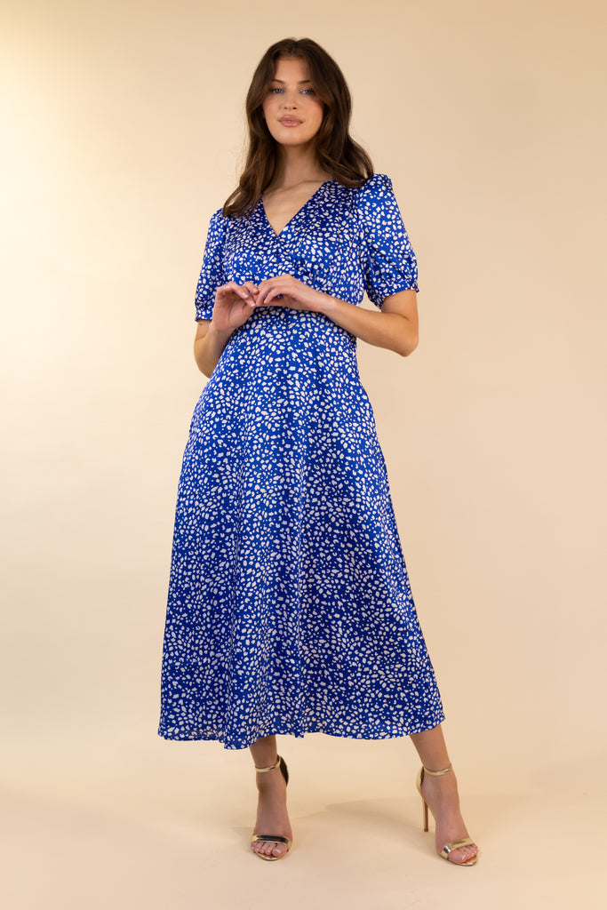 Blue & White Print Midi Dress