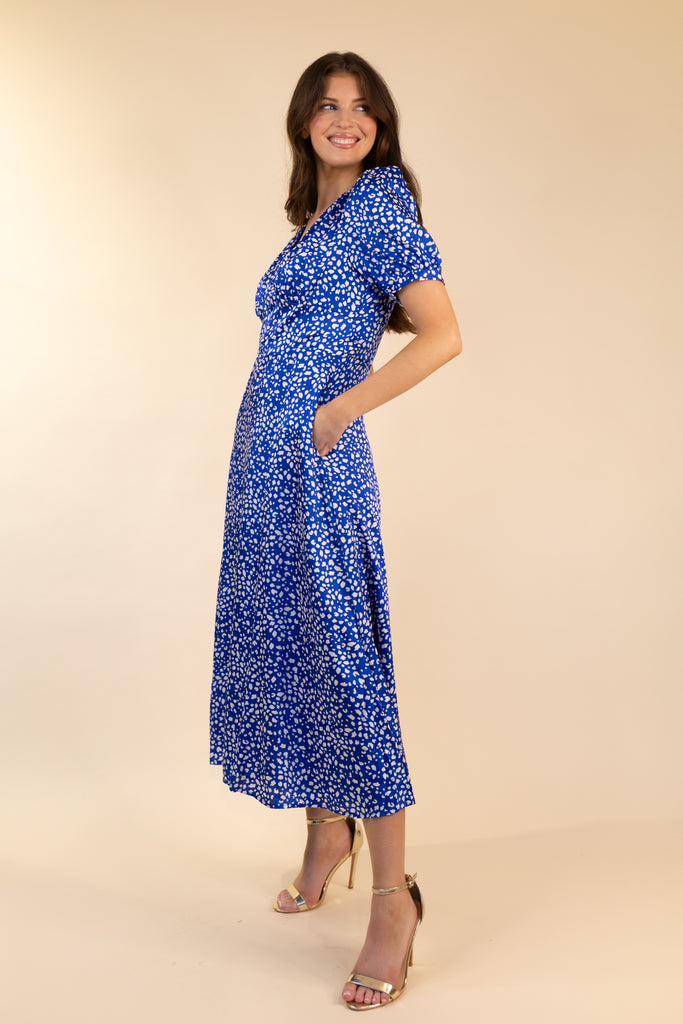 Blue & White Print Midi Dress